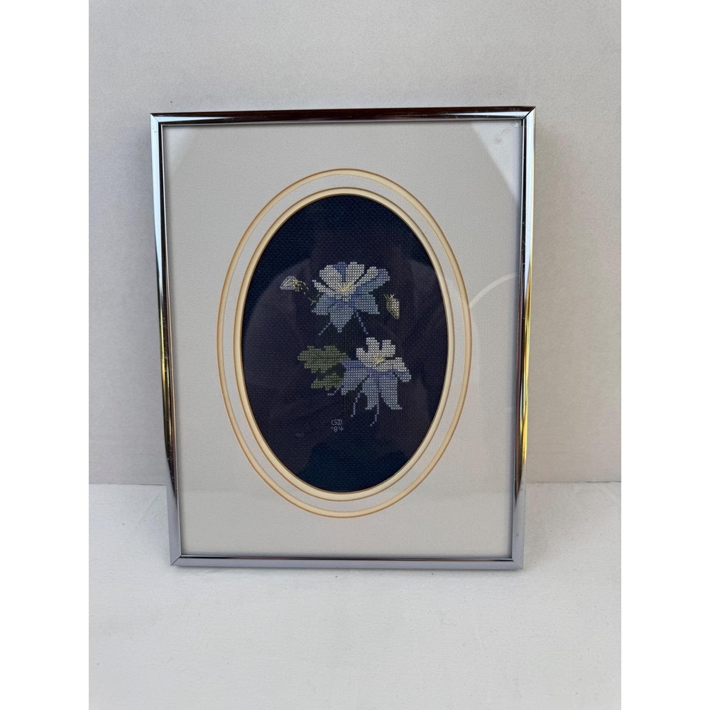 Vintage 1984 Floral Cross Stitch Framed Art Granny Cottage Blue Flowers Silver
